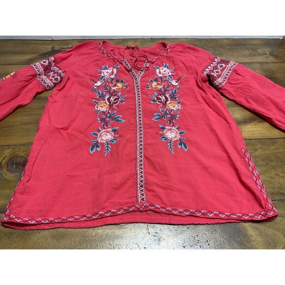Johnny Was Workshop Medium Red Floral Embroidered V Neck Tunic Top Blouse - Picture 2 of 10
